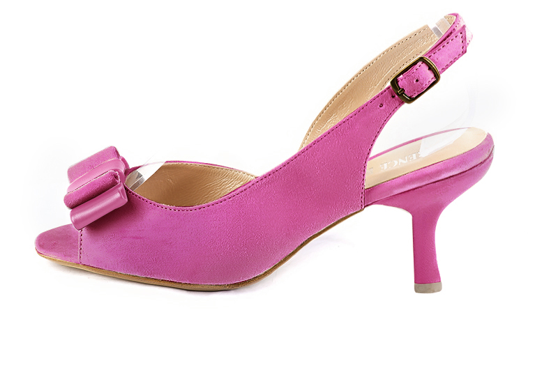 Shocking pink women's slingback sandals. Square toe. High slim heel. Profile view - Florence KOOIJMAN